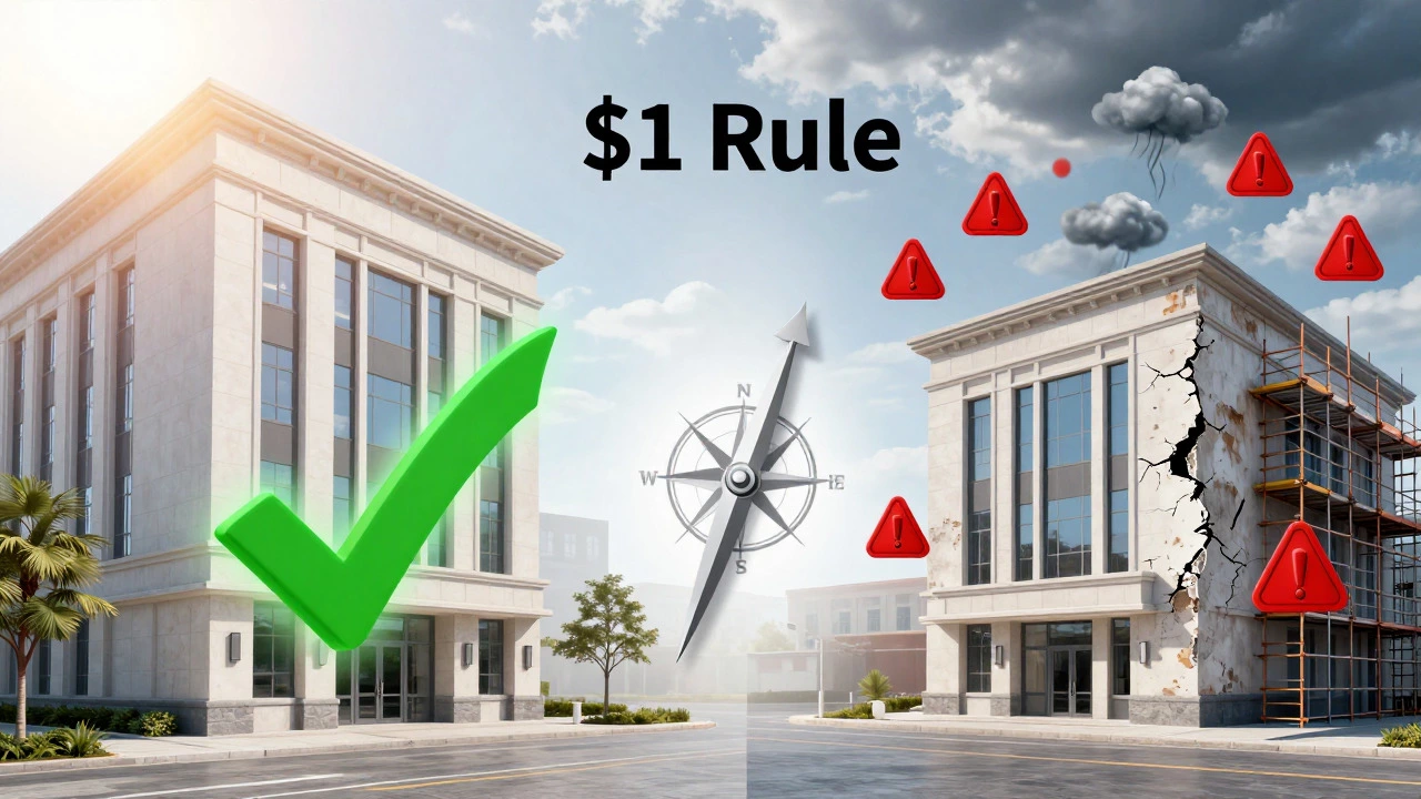 Split view of stable vs risky commercial buildings with compass