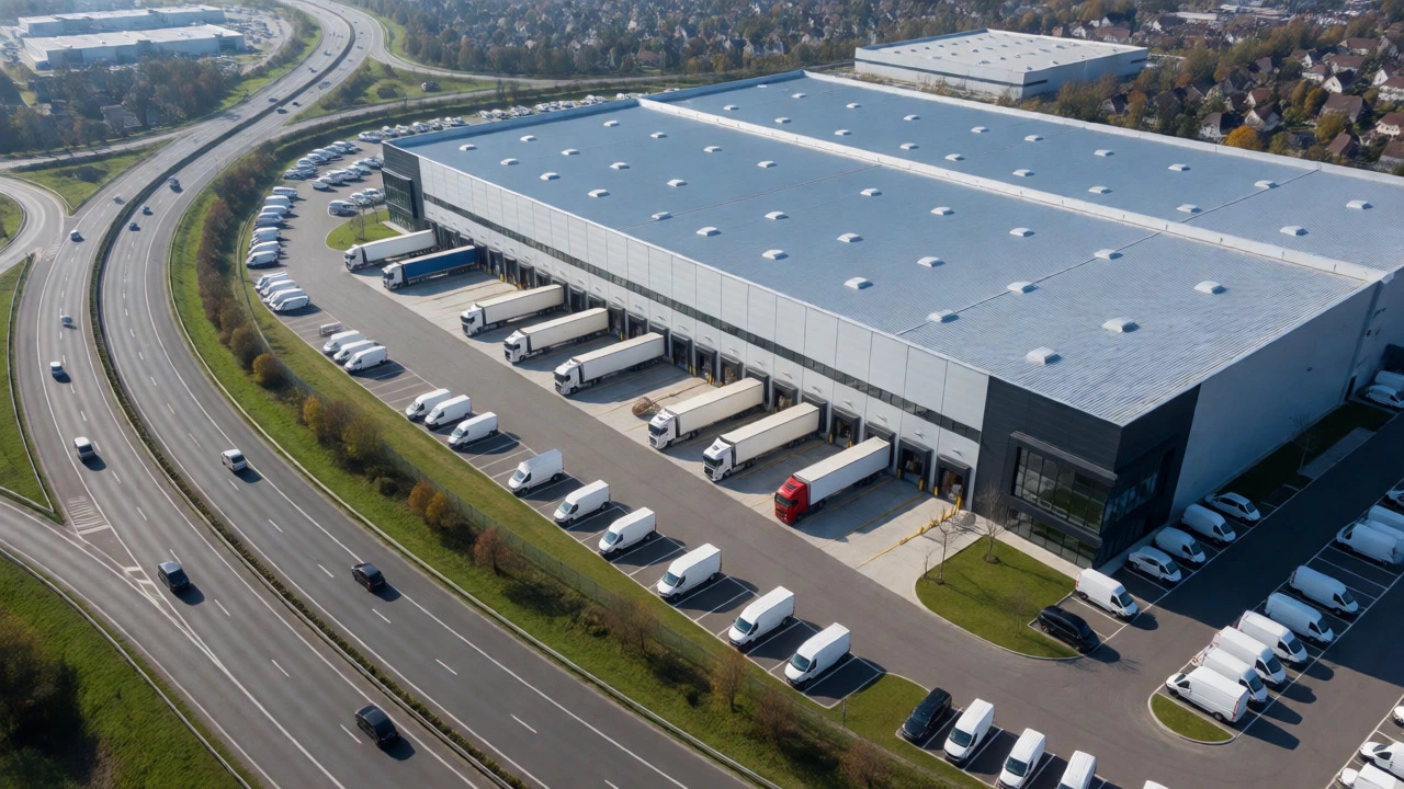 Aerial view of busy industrial warehouse with trucks for last-mile delivery
