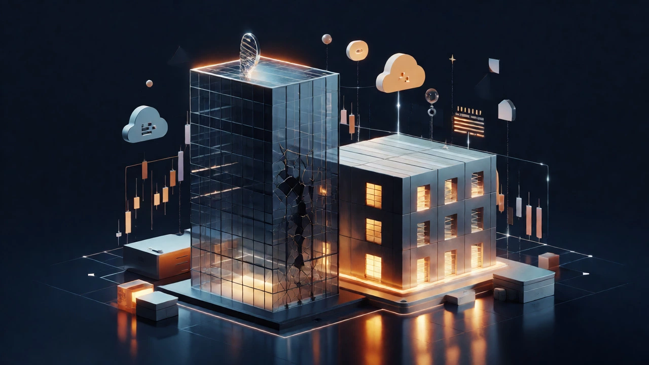 Conceptual 3D render comparing glowing industrial assets against shadowed office buildings.