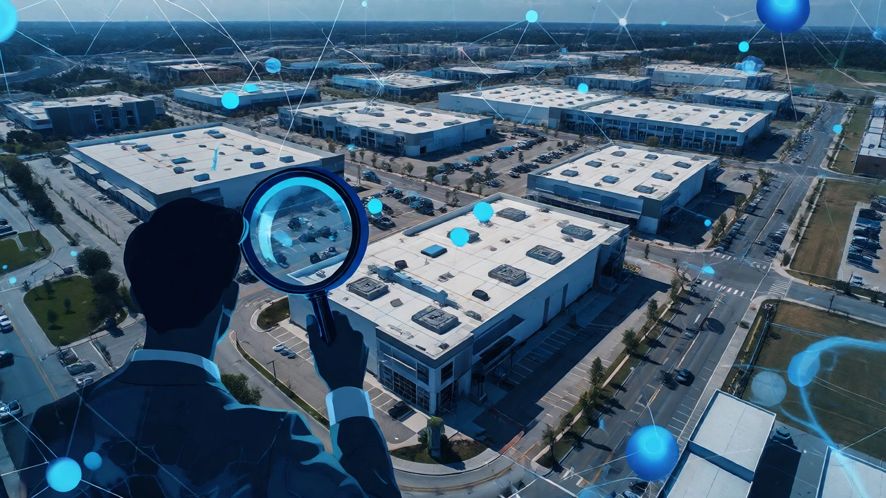 Conceptual aerial view of commercial properties overlaid with digital data networks.