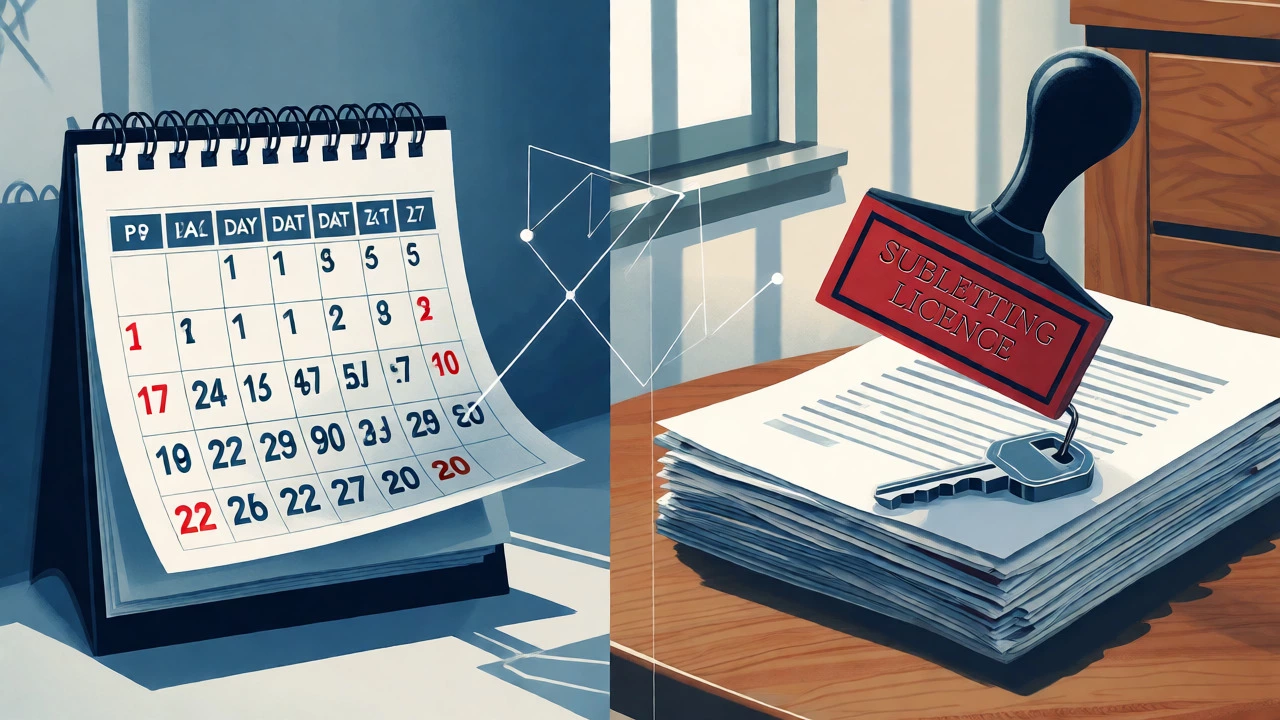 Conceptual art showing a calendar crossing the 90-day mark and a subletting license.