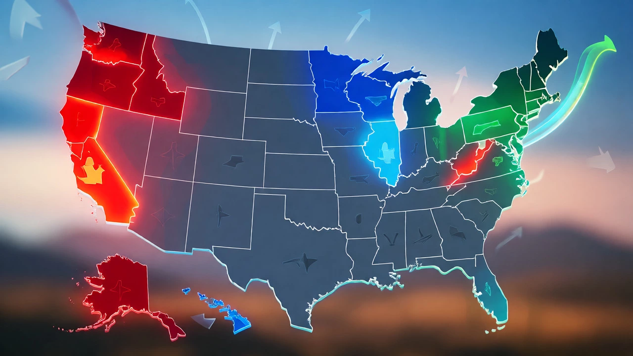 Conceptual US map showing expensive red states and affordable blue states