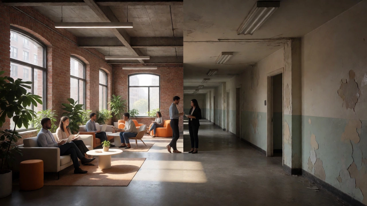 Contrast between modern renovated office lobby and empty old corridor