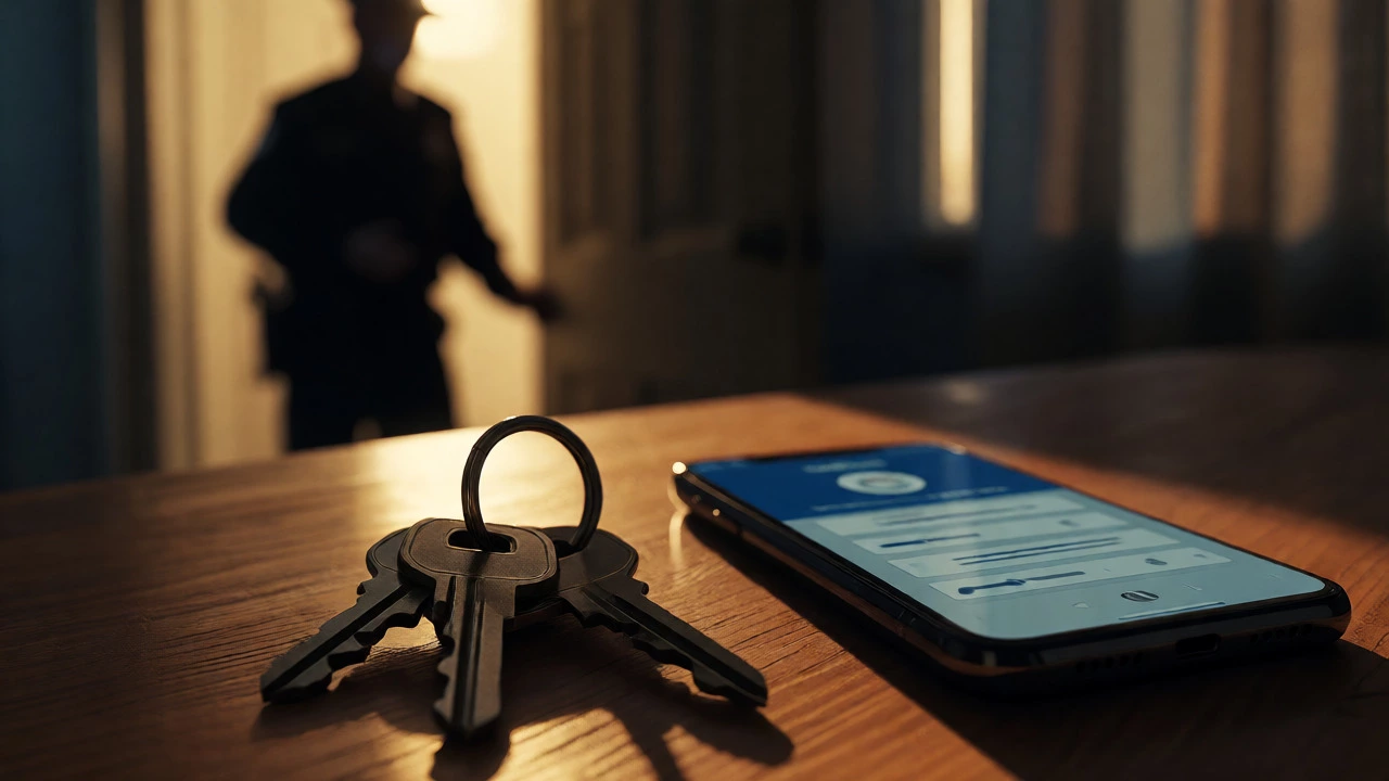 House keys on a table with a blurred figure standing by the door in the background.