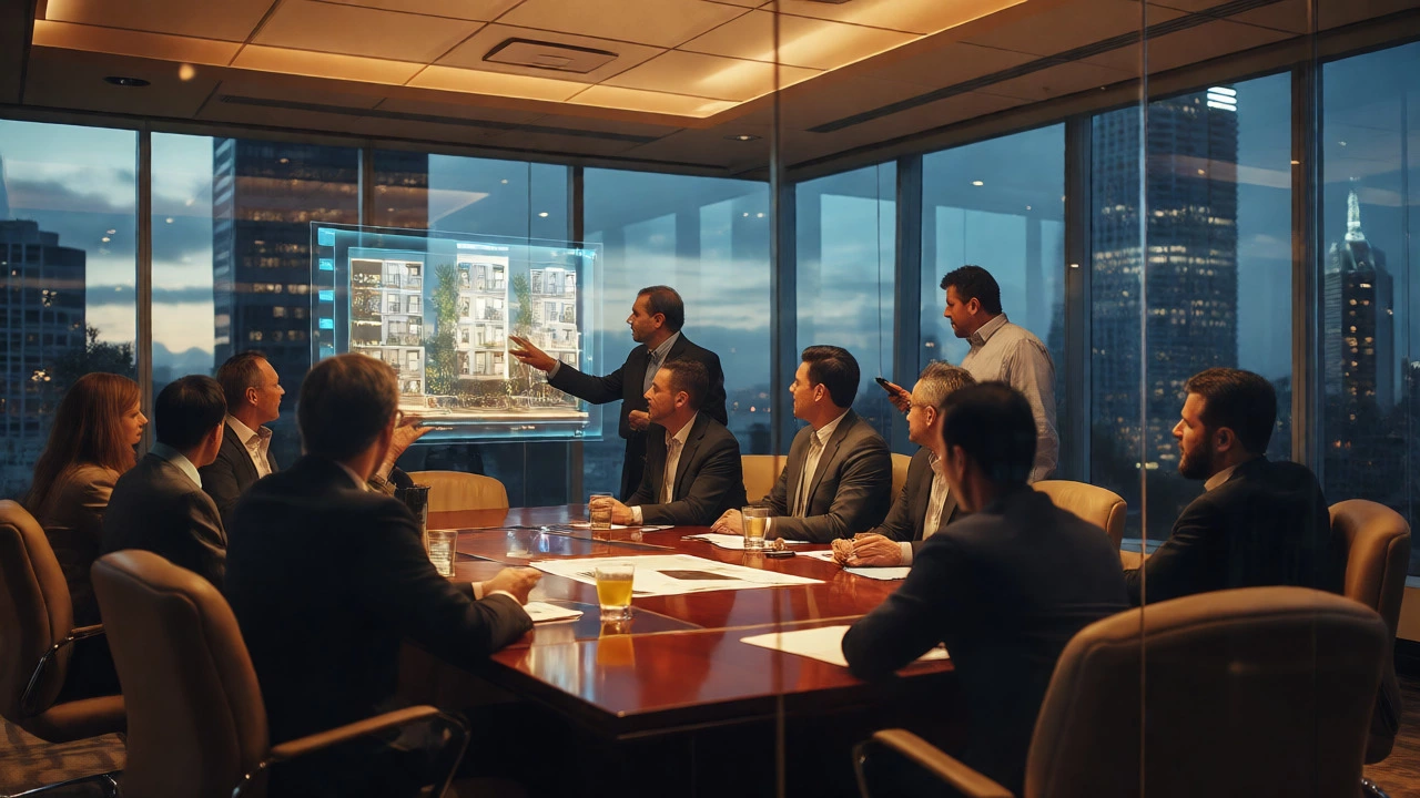 Investors and brokers discussing property deals in a glass-walled conference room.