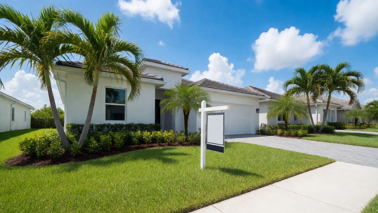 Modern suburban Florida home with a real estate sign under a bright blue sky.