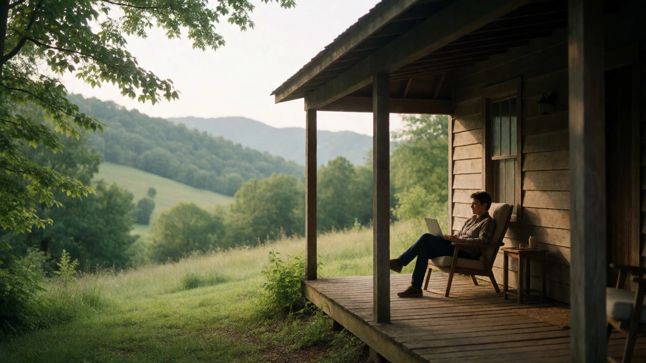 Remote worker relaxing on porch in scenic rural landscape with laptop