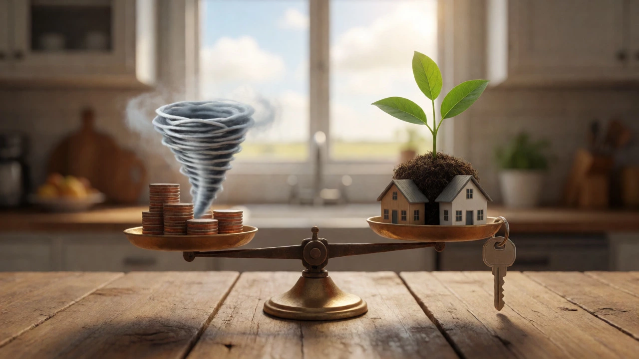 Scale balancing coins and tornado model against house key and plant