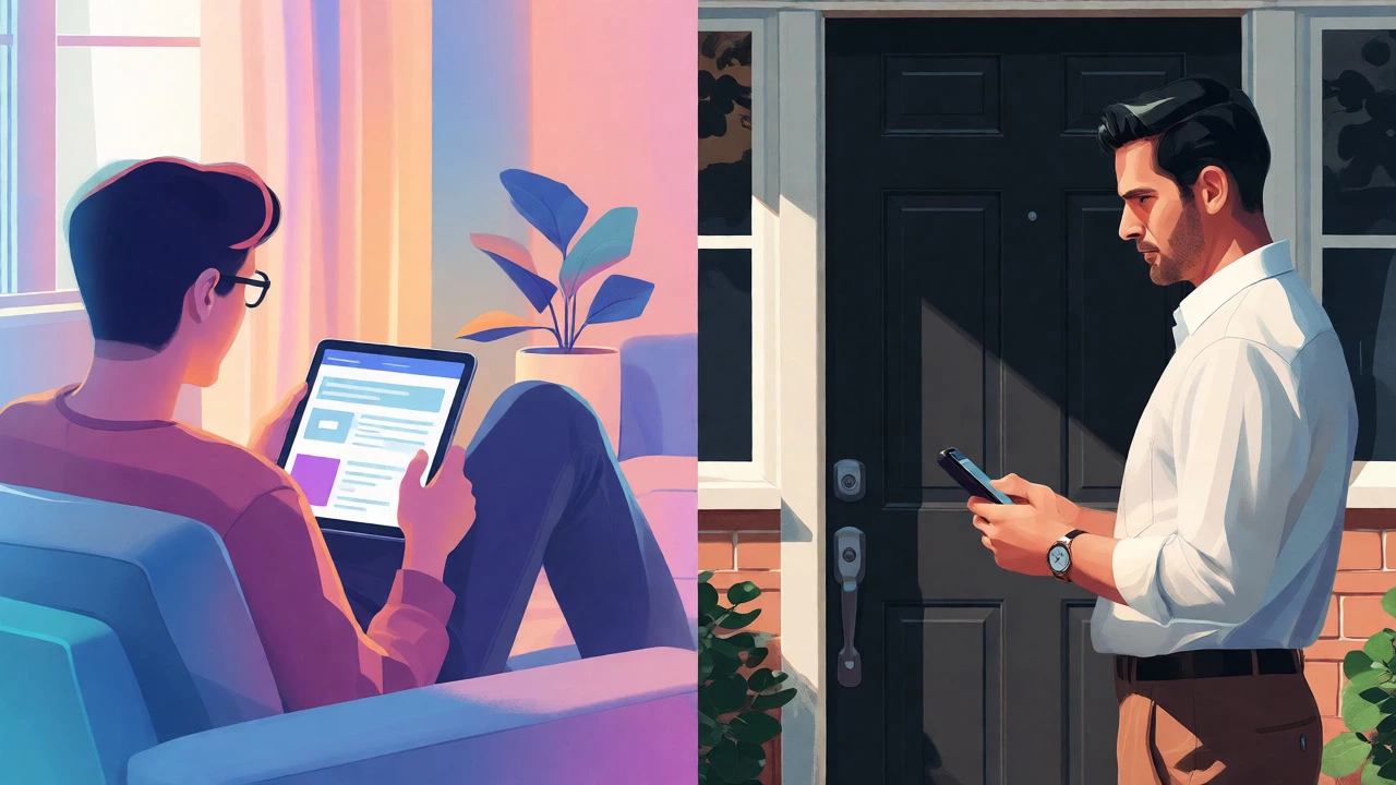 Split view comparing casual home browsing with serious data-driven buying