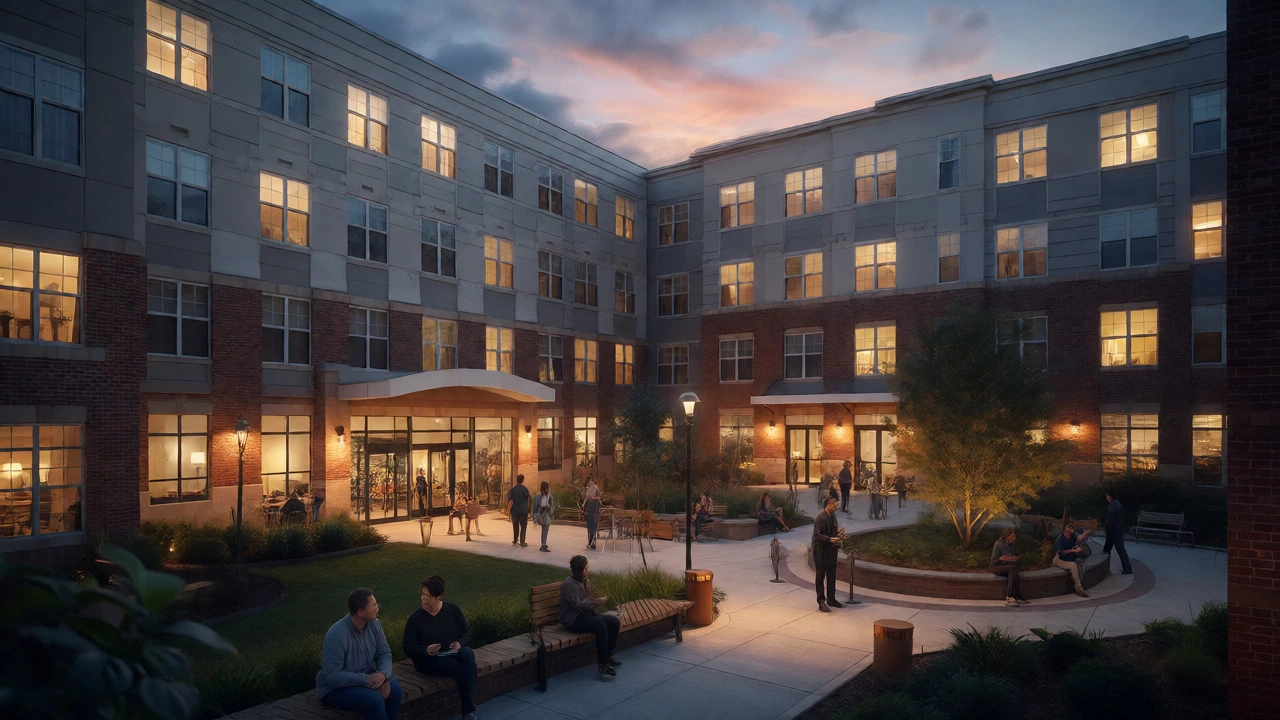 Warmly lit multifamily apartment complex exterior with residents in the courtyard at dusk.