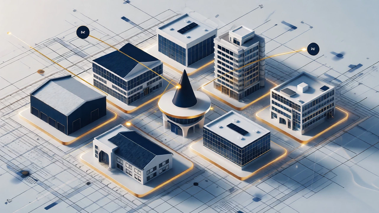 3D isometric render of commercial buildings connected by golden lines