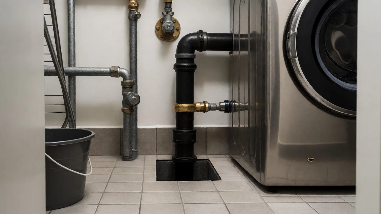Compact laundry nook with washing machine and plumbing details in utility yard