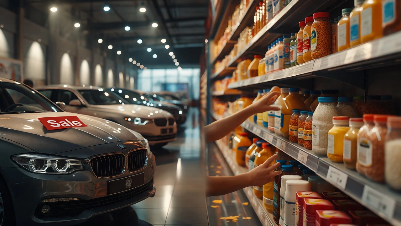 Dusty new cars in a showroom next to bright shelves of grocery staples