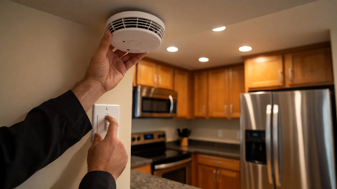 Landlord inspecting a smoke detector in a rental property kitchen