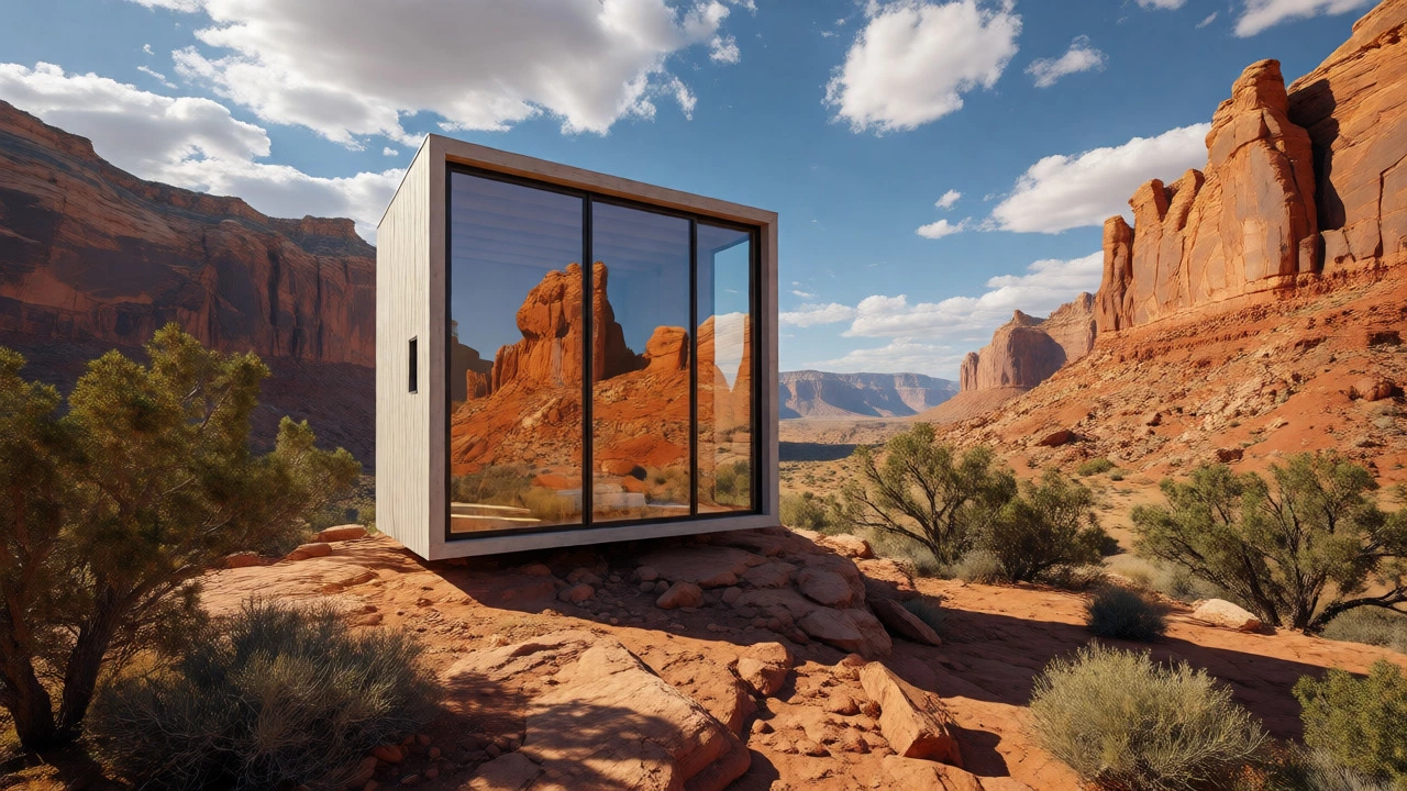 Modern tiny home on a cliff edge overlooking red rock canyons near Moab, Utah.