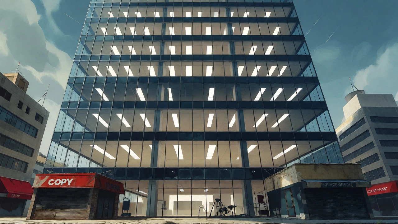 Partially vacant office tower surrounded by closed local businesses