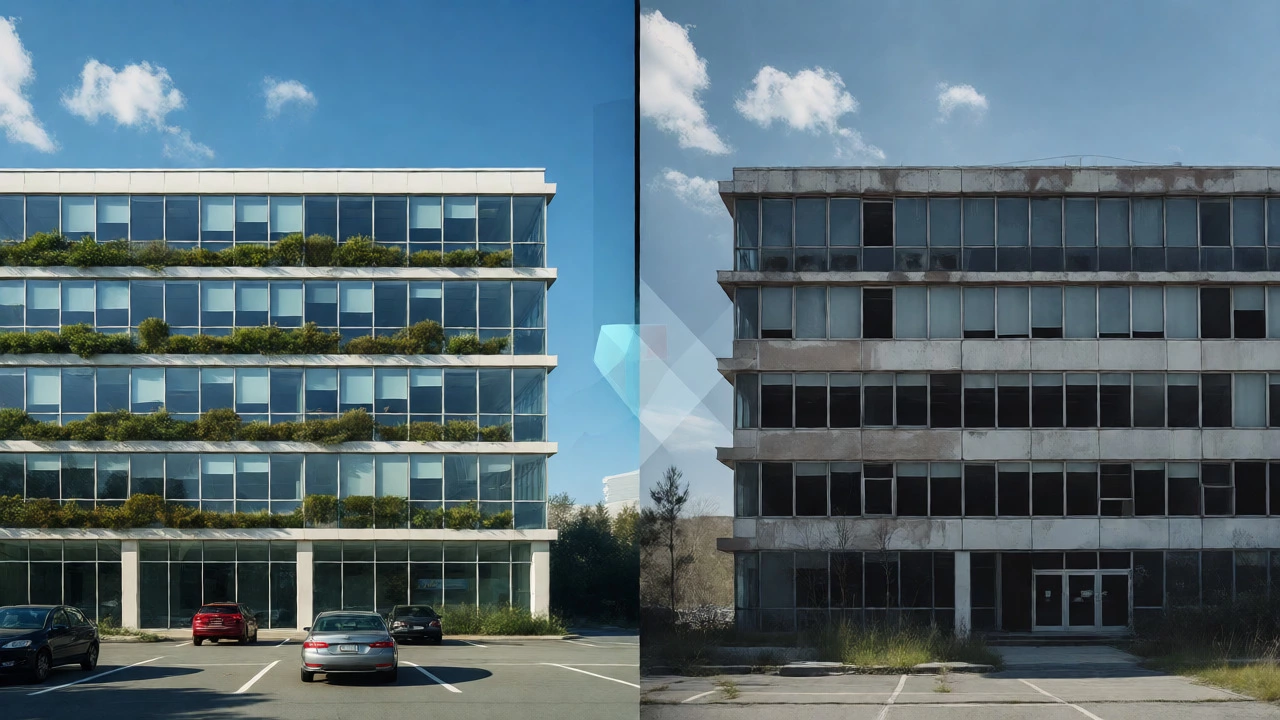 Side-by-side comparison of occupied versus vacant office buildings
