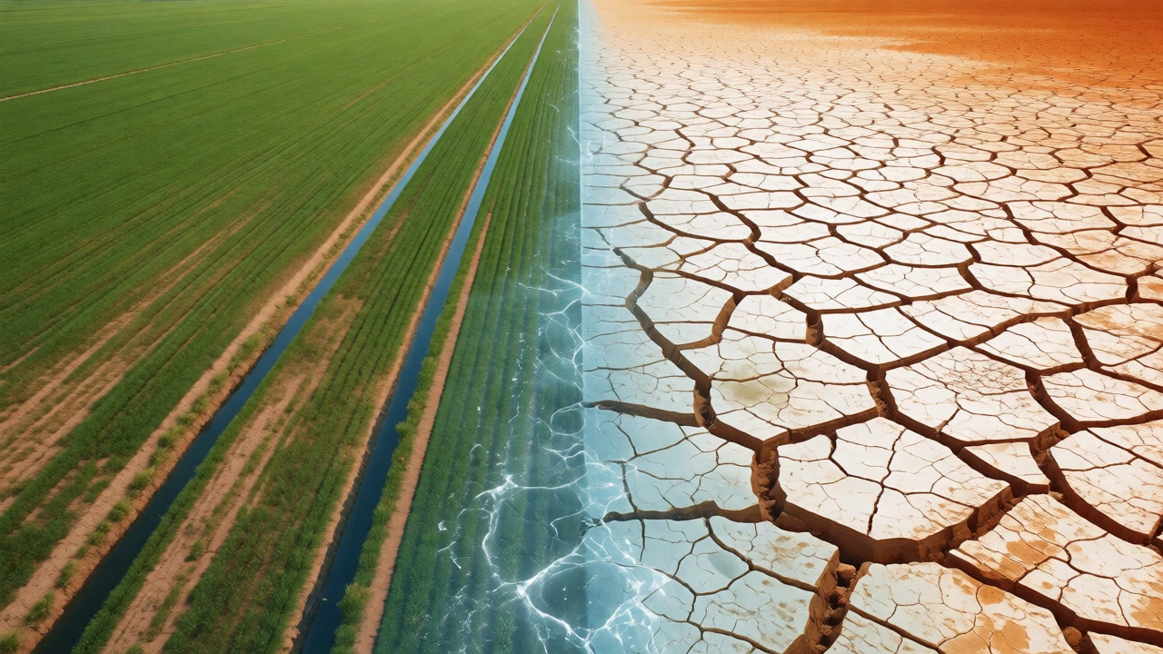 Split view comparing green irrigated farmland with arid desert earth separated by water.