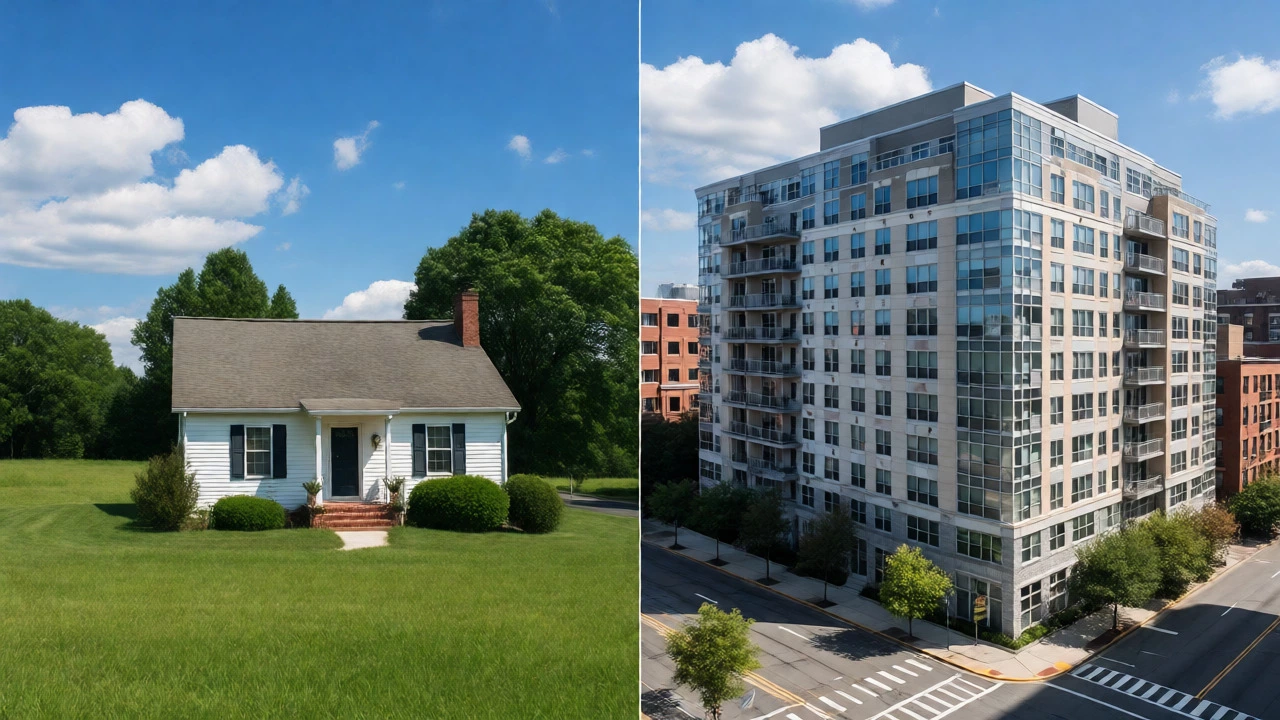 Split view comparing rural Virginia homes with regulated urban apartments