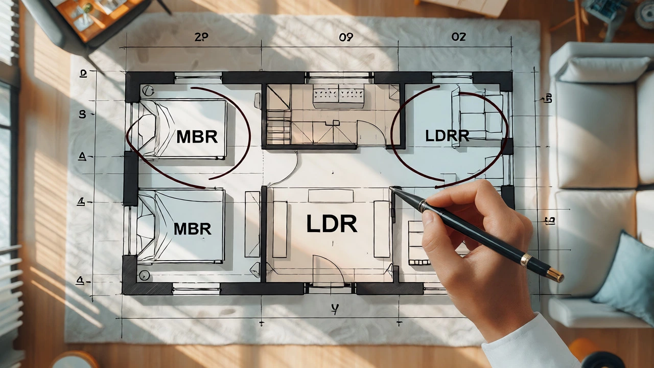 Top-down view of apartment layout with hand marking bedroom and living zones